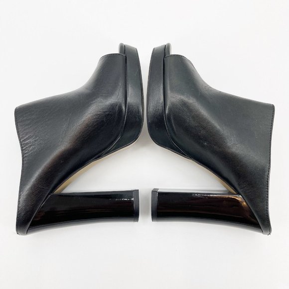 Black Leather Platform Mule Peep Toe Patent Block Heels - Picture 2 of 9